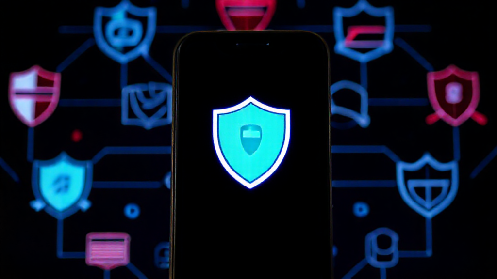 Smartphone com ícones de antivírus e VPN protegendo o dispositivo.