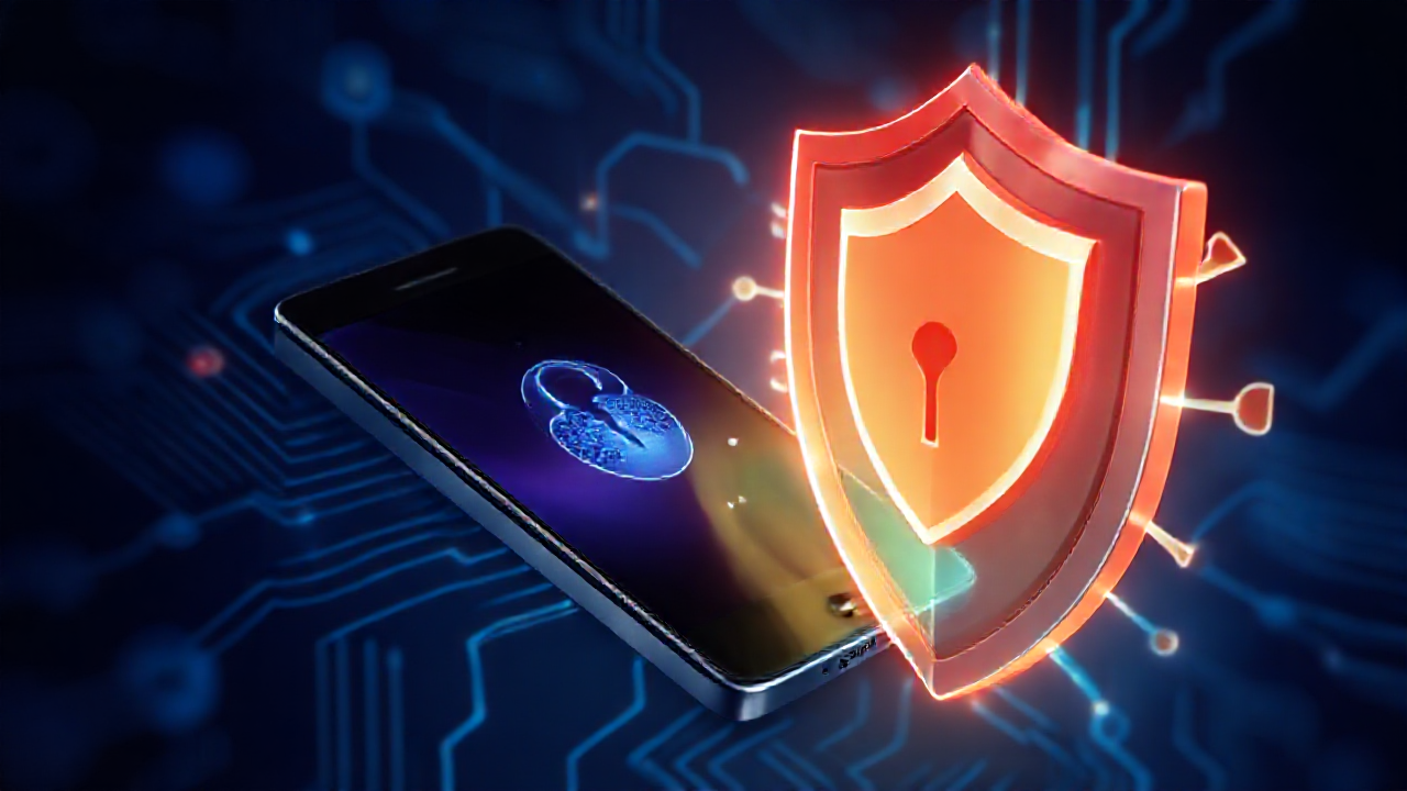 Imagem de um smartphone com um aplicativo de segurança em destaque, simbolizando a remoção de vírus de dispositivos móveis.