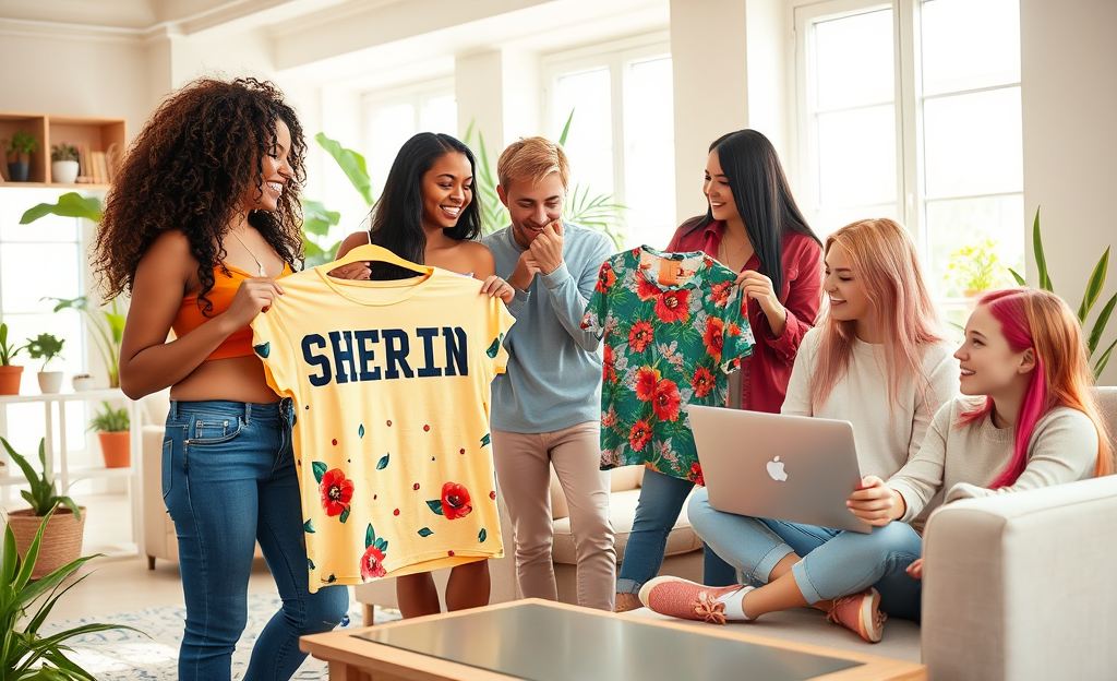 Imagem mostrando as últimas novidades da SHEIN com testimonials de participantes do programa que recebem roupas para testar.