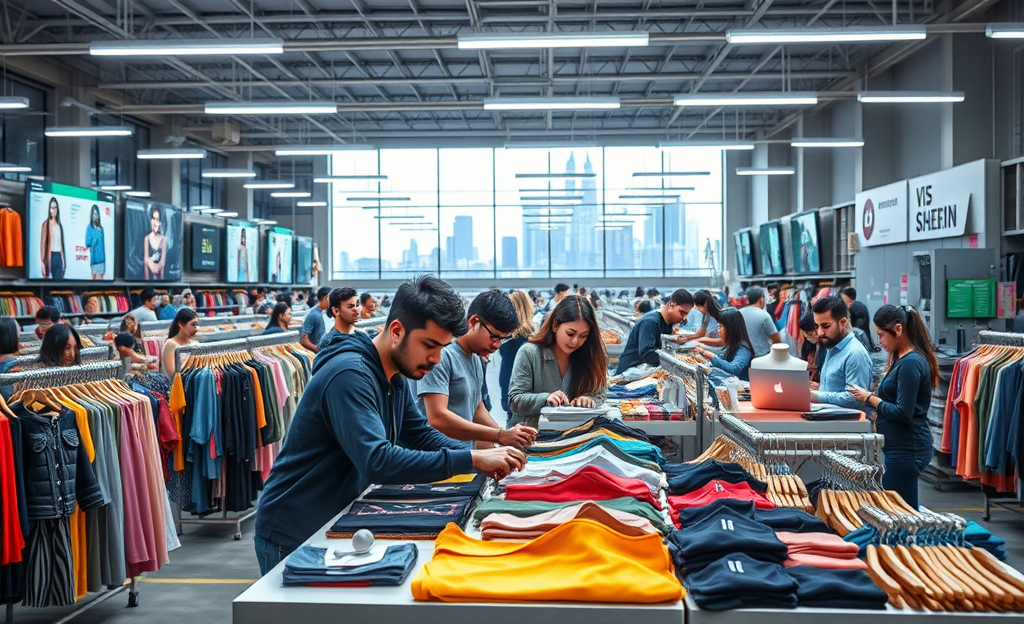 Ilustração do sistema inovador da SHEIN nos bastidores da moda.