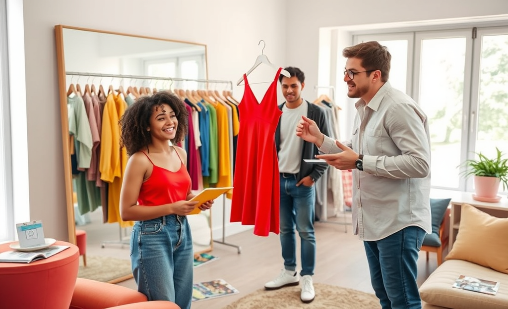 Pessoas recebendo roupas grátis da SHEIN e avaliando produtos.