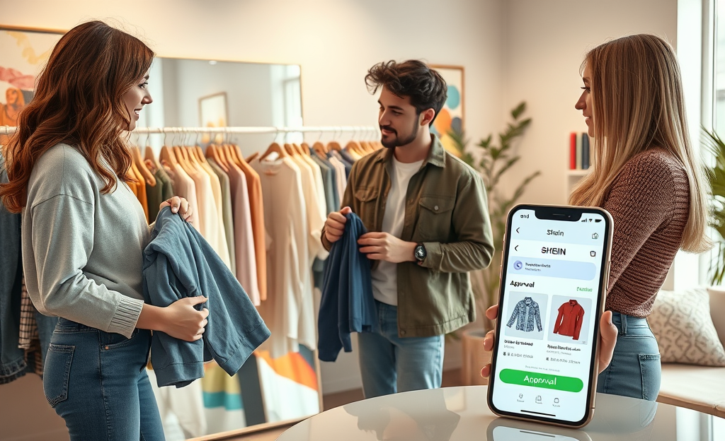 Imagem do programa de roupas grátis da SHEIN, mostrando roupas disponíveis para avaliação.